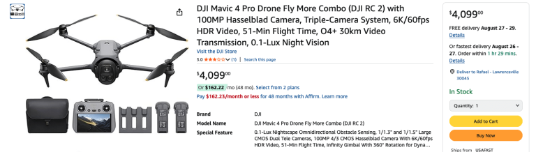 Квадрокоптер DJI Mavic 4 Pro з камерою тепер доступний на Amazon за $4,099